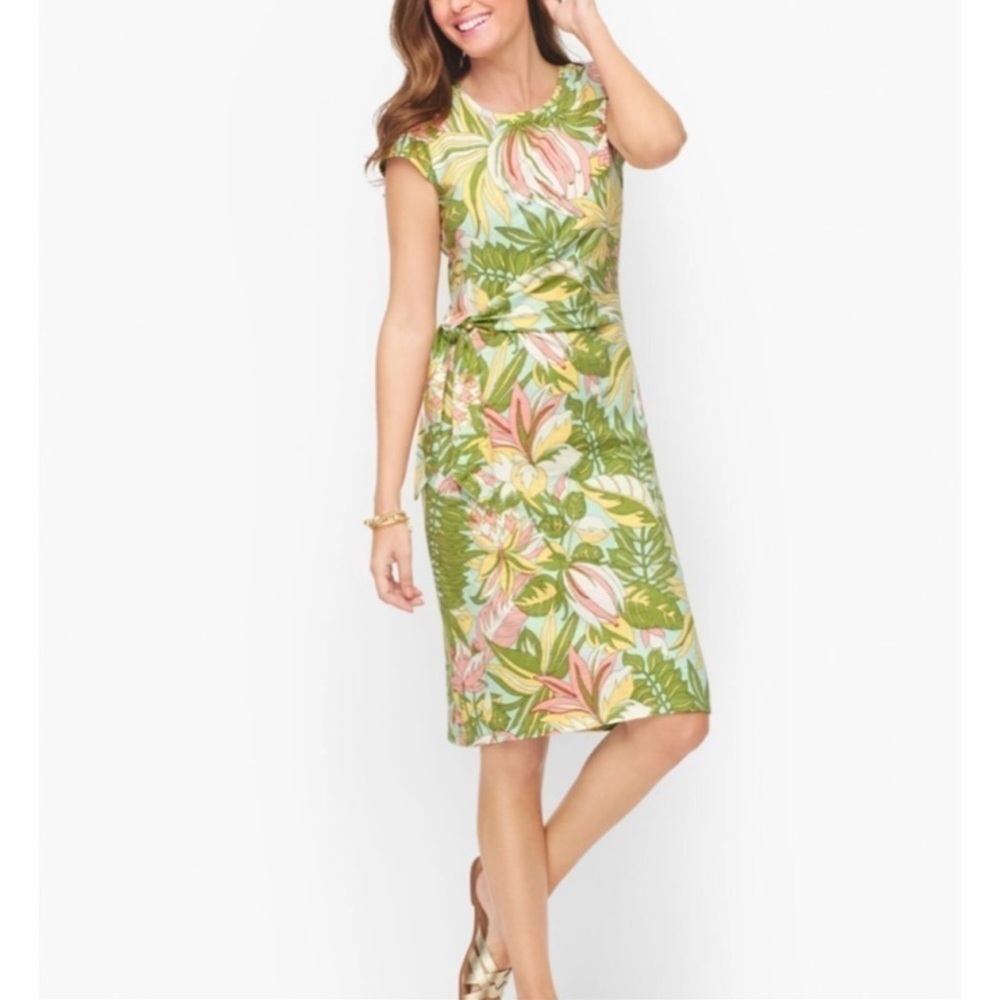 Talbots Stretch Tropical Paradise Waist Tie Cotton Shift Dress Summer Pastels